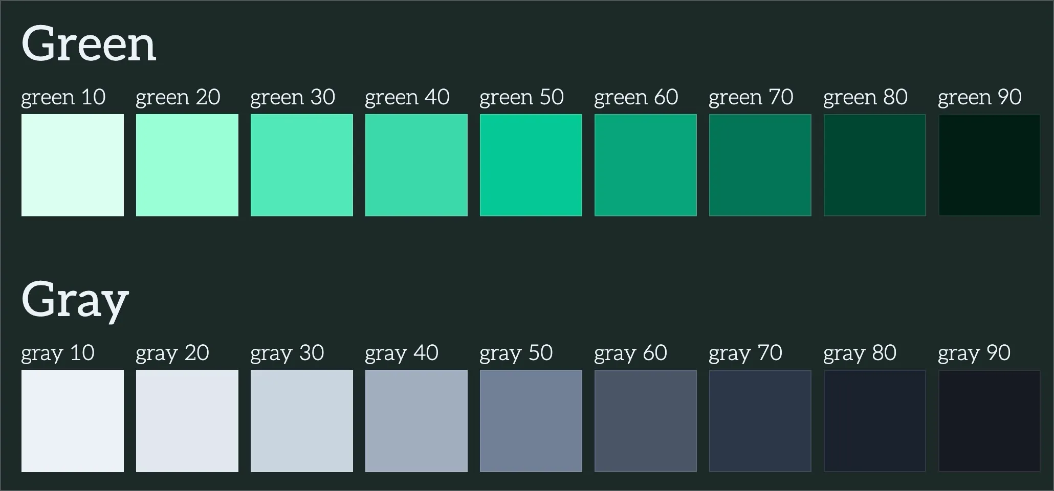 Two rows of the new color palette, green first and then grays