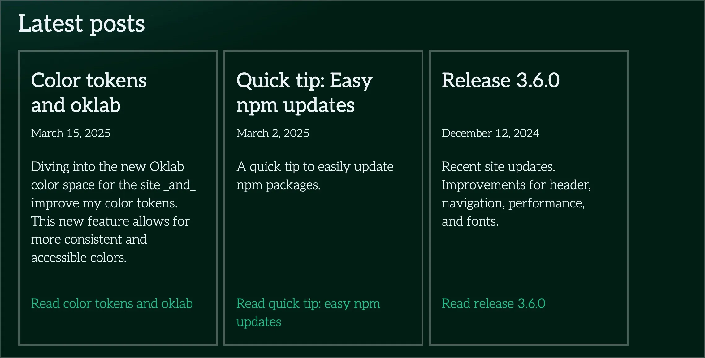 Three cards with aligned title, date, and body text