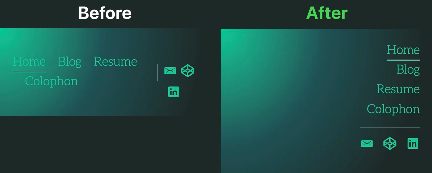 Mobile header comparison, before with header links colliding and after with links stacked above each other