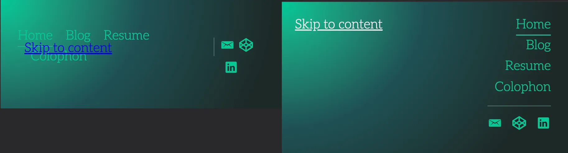The skip link before and after. Before, styles were broken on mobile. After, on the right, now is displaying properly without colliding with elements